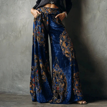 Women's Wide Leg Pants Retro Ethnic Print High Waist Velvet Trousers Fashion Causal Vintage Pantalon Femme Pocket Loose Bottoms