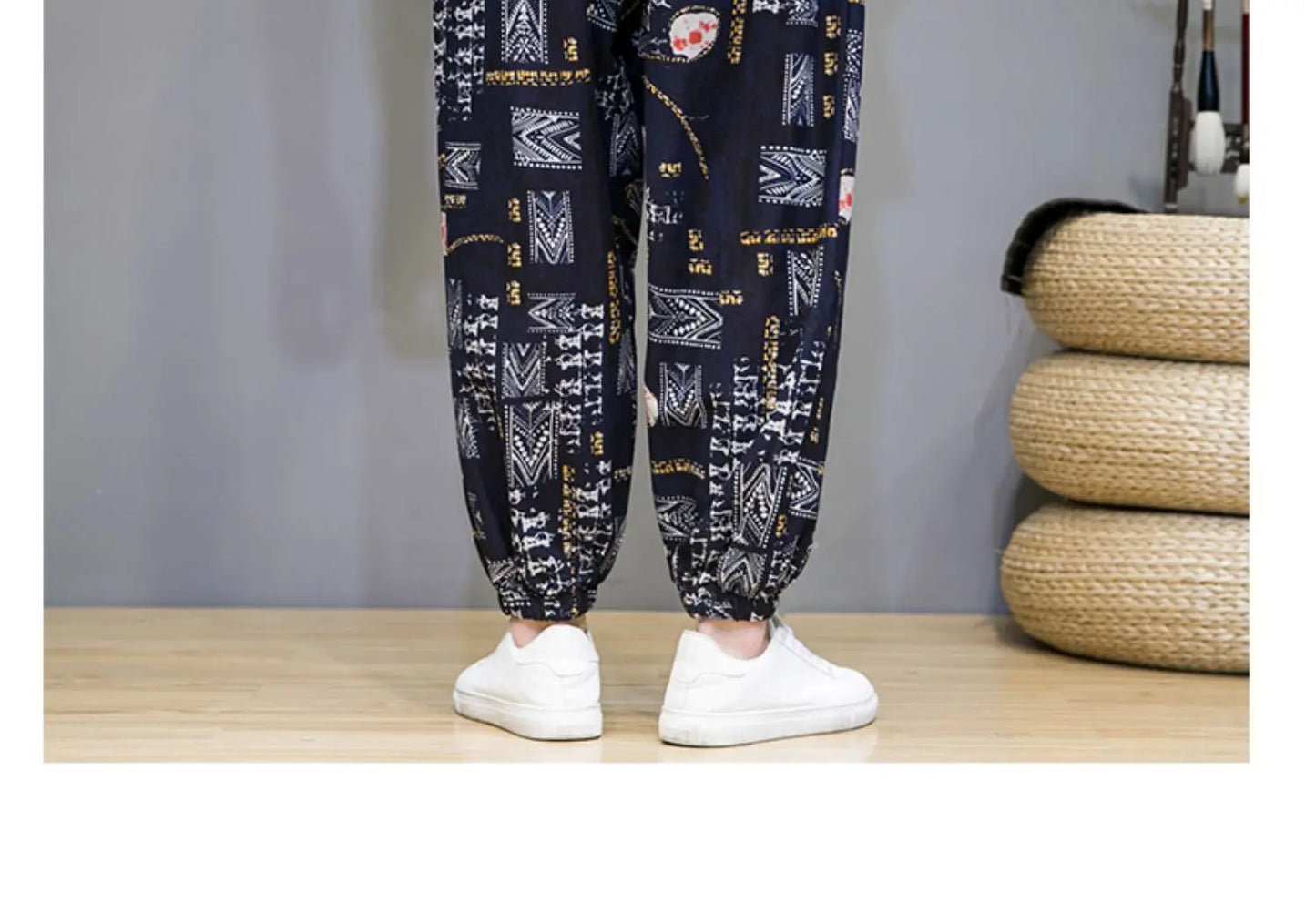 Chinese Style Pants Men Spring Summer Thin Breathable Cotton Linen Pants Men Harem Pants Printed Casual Pants Loose Pants