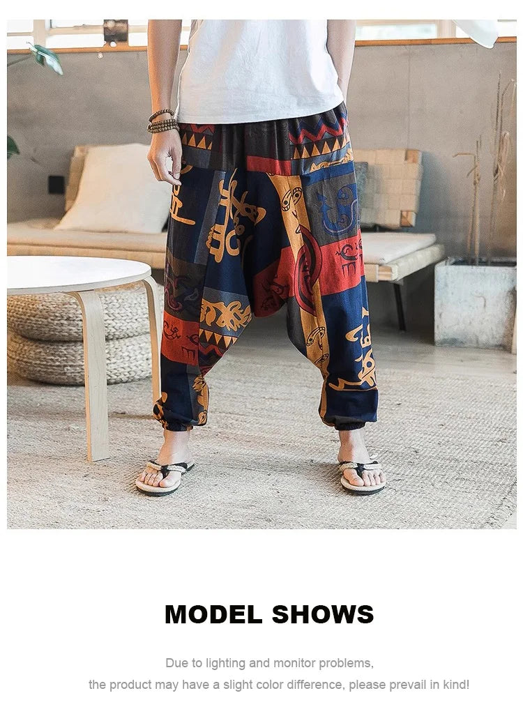 Men's Stylish Vintage Harem Pants Drop Crotch Design Casual Trousers Breathable Loose Fit Boho Pants Random Print Joggers