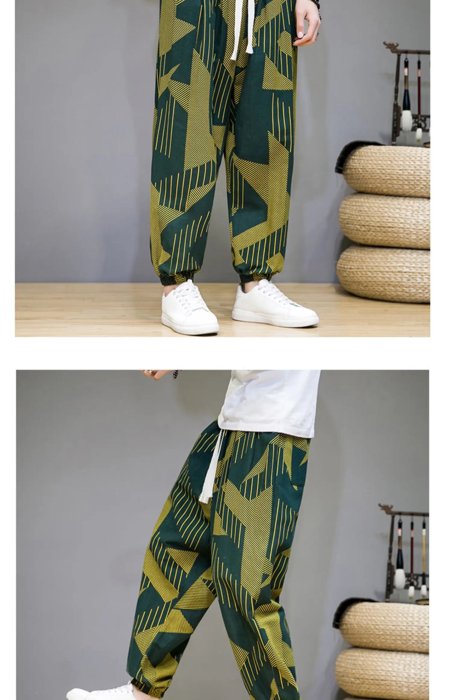 Chinese Style Pants Men Spring Summer Thin Breathable Cotton Linen Pants Men Harem Pants Printed Casual Pants Loose Pants