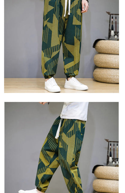 Chinese Style Pants Men Spring Summer Thin Breathable Cotton Linen Pants Men Harem Pants Printed Casual Pants Loose Pants