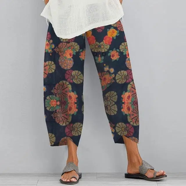 Women's Harem Pants Vintage Cotton Linen Elastic Waist Wide Leg Trousers Female Casual Solid Pockets Loose Cropped Pants