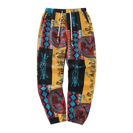 Men's Boho Tribal Print Stretch Linen Pnats Cotton Blend Drawstring LightWeight Trousers with Pockets Summer Jogger Pants