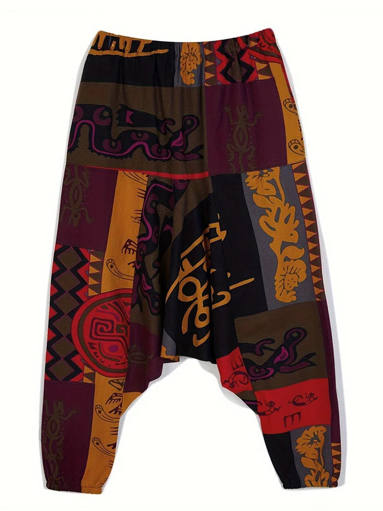 Men's Stylish Vintage Harem Pants Drop Crotch Design Casual Trousers Breathable Loose Fit Boho Pants Random Print Joggers