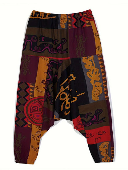 Men's Stylish Vintage Harem Pants Drop Crotch Design Casual Trousers Breathable Loose Fit Boho Pants Random Print Joggers