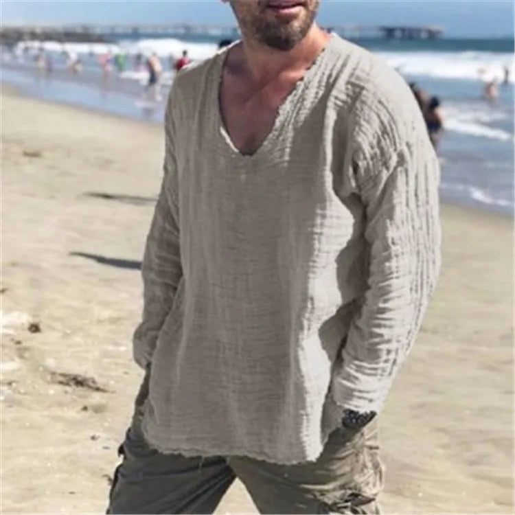 Spring and Summer Men's Viking Style Summer Shirts for Beach Wear Casual Shirts Pure Fake Cup-shaped Long Sleeved V-neck Tops