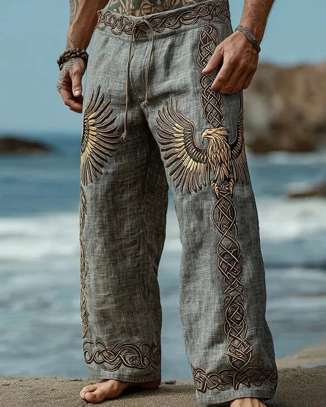 NEW Men's Viking Retro North European Eagle Totem 3D Printed Casual Pants Drawstring Straight Leg Pants Summer Beach Pants