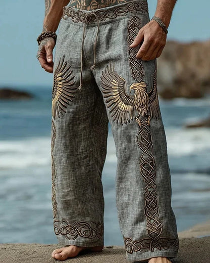 NEW Men's Viking Retro North European Eagle Totem 3D Printed Casual Pants Drawstring Straight Leg Pants Summer Beach Pants