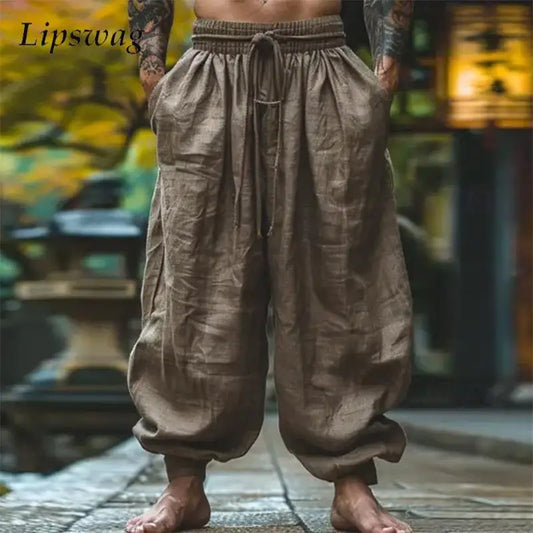 Vintage Solid Color Loose Linen Lantern Pants Harem Fashion Baggy Breathable Trousers Men New Casual Drawstring Trousers