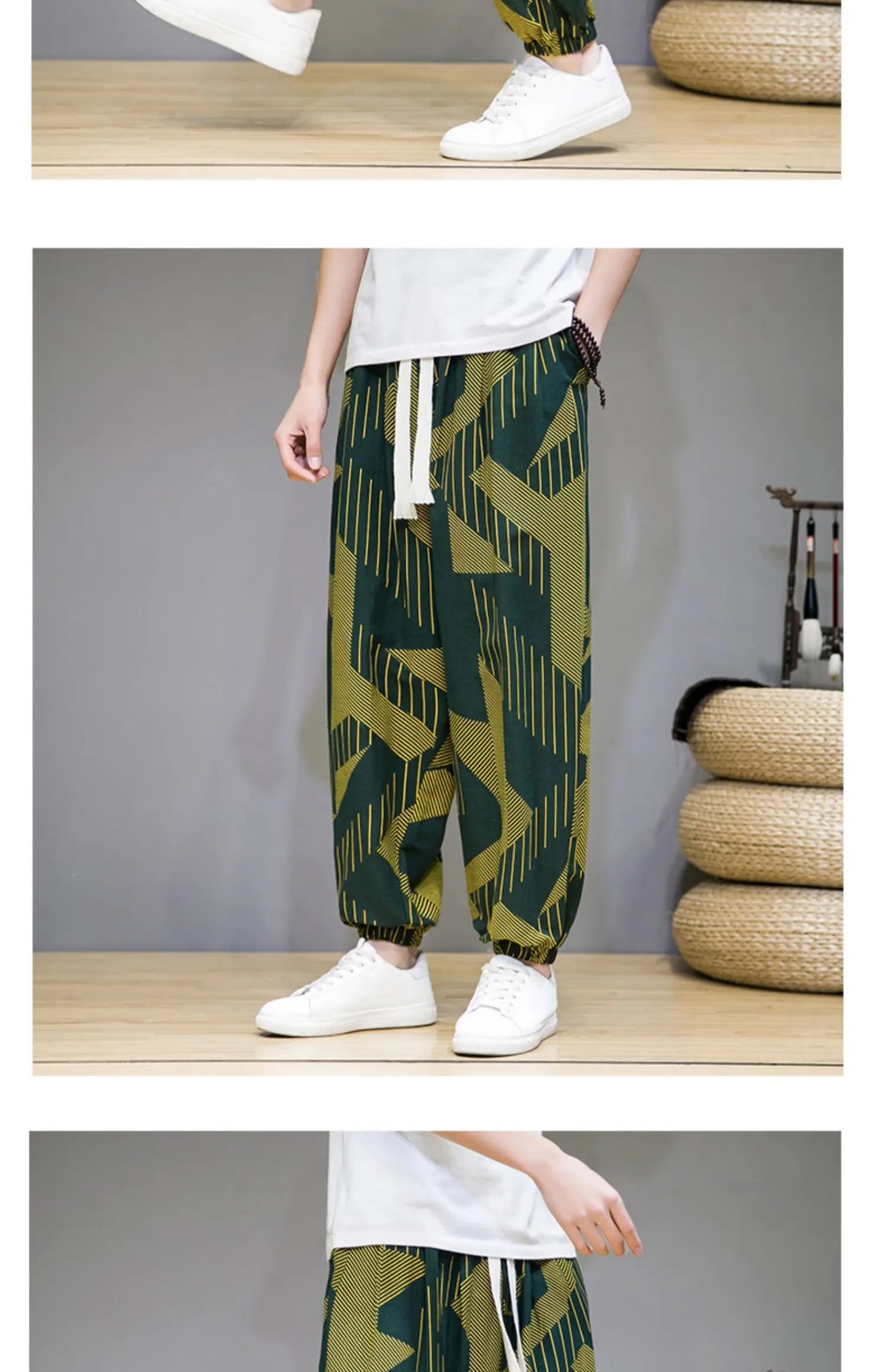 Chinese Style Pants Men Spring Summer Thin Breathable Cotton Linen Pants Men Harem Pants Printed Casual Pants Loose Pants