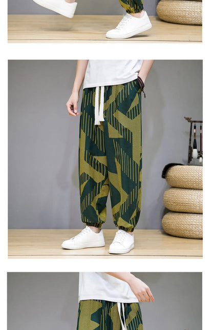 Chinese Style Pants Men Spring Summer Thin Breathable Cotton Linen Pants Men Harem Pants Printed Casual Pants Loose Pants