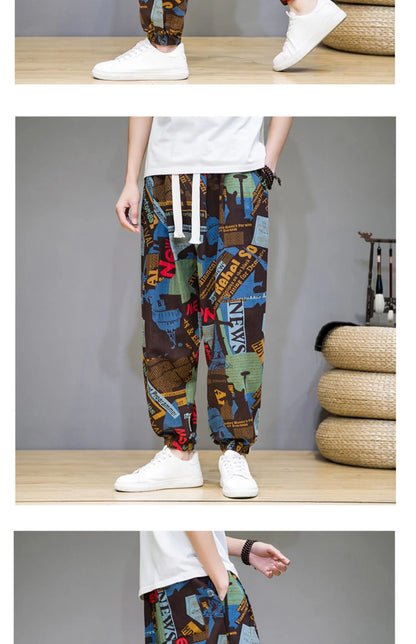 Chinese Style Pants Men Spring Summer Thin Breathable Cotton Linen Pants Men Harem Pants Printed Casual Pants Loose Pants