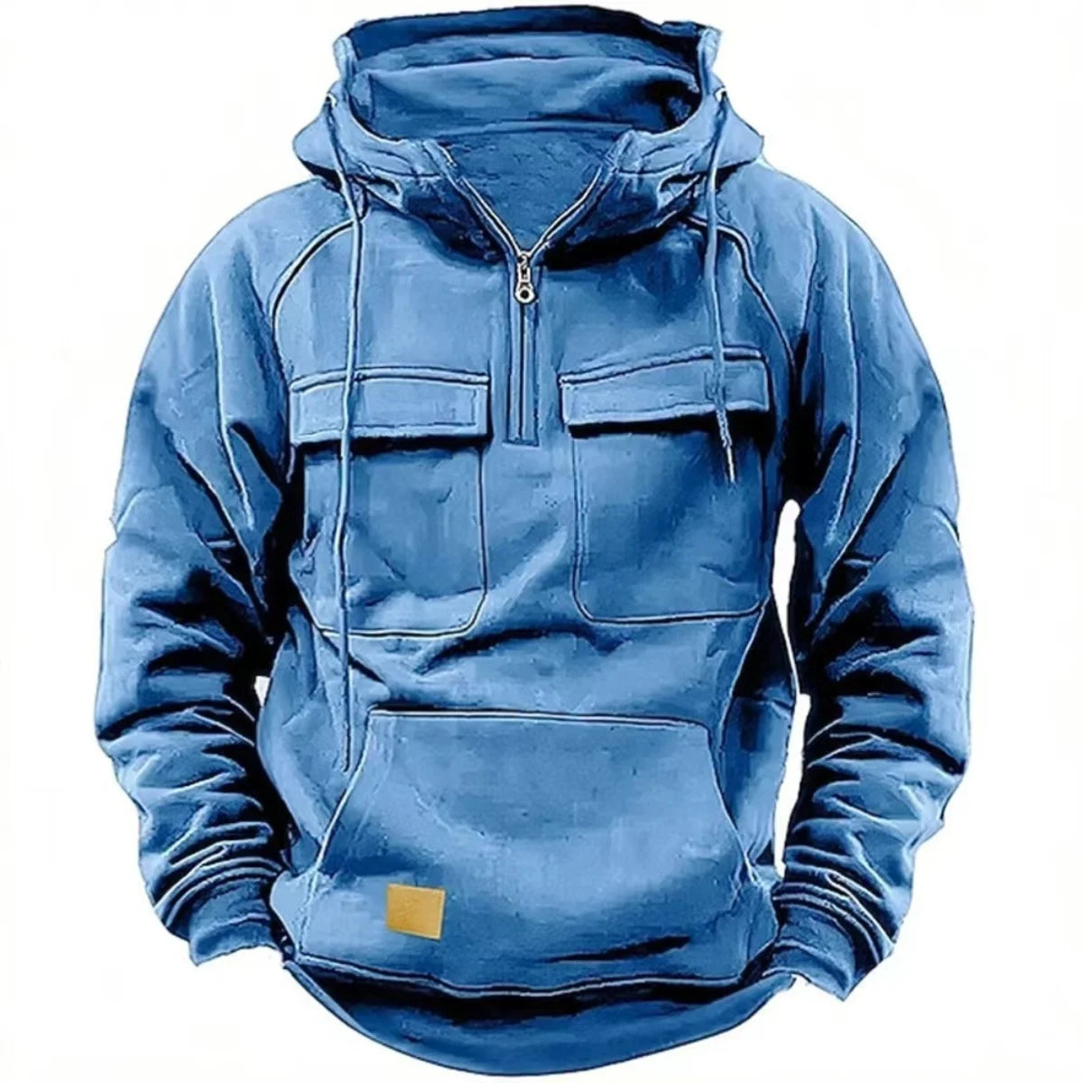New men's hooded solid-color casual hoodie - fashionable young man's multi-pocket patch hoodie pullover shirt