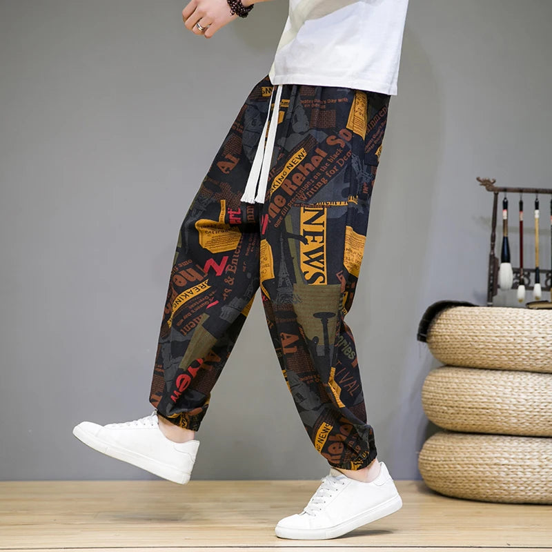 Chinese Style Pants Men Spring Summer Thin Breathable Cotton Linen Pants Men Harem Pants Printed Casual Pants Loose Pants