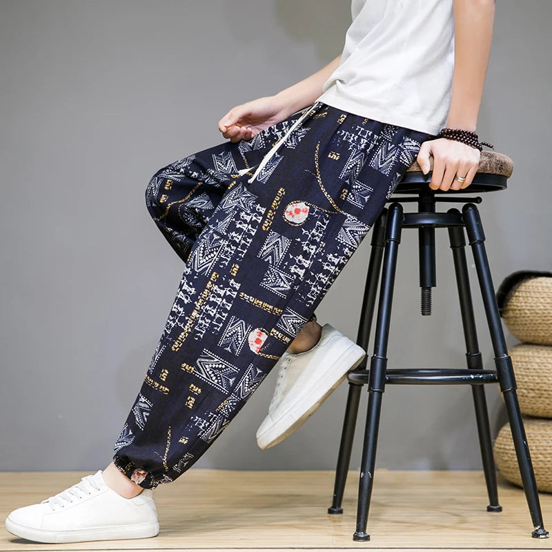 Chinese Style Pants Men Spring Summer Thin Breathable Cotton Linen Pants Men Harem Pants Printed Casual Pants Loose Pants