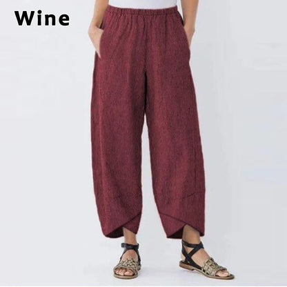 Women's Harem Pants Vintage Cotton Linen Elastic Waist Wide Leg Trousers Female Casual Solid Pockets Loose Cropped Pants