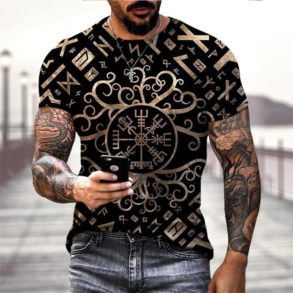 Viking Tattoo 3D Printing T-Shirt Men's Fashion Street Hip Hop Viking Pattern Short Sleeve T shirt Summer