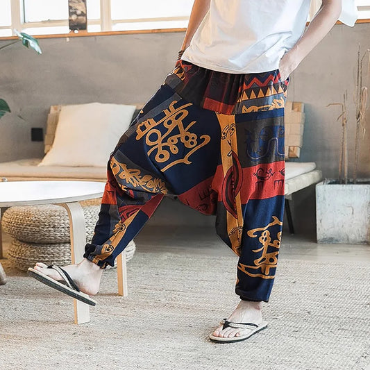Men's Stylish Vintage Harem Pants Drop Crotch Design Casual Trousers Breathable Loose Fit Boho Pants Random Print Joggers
