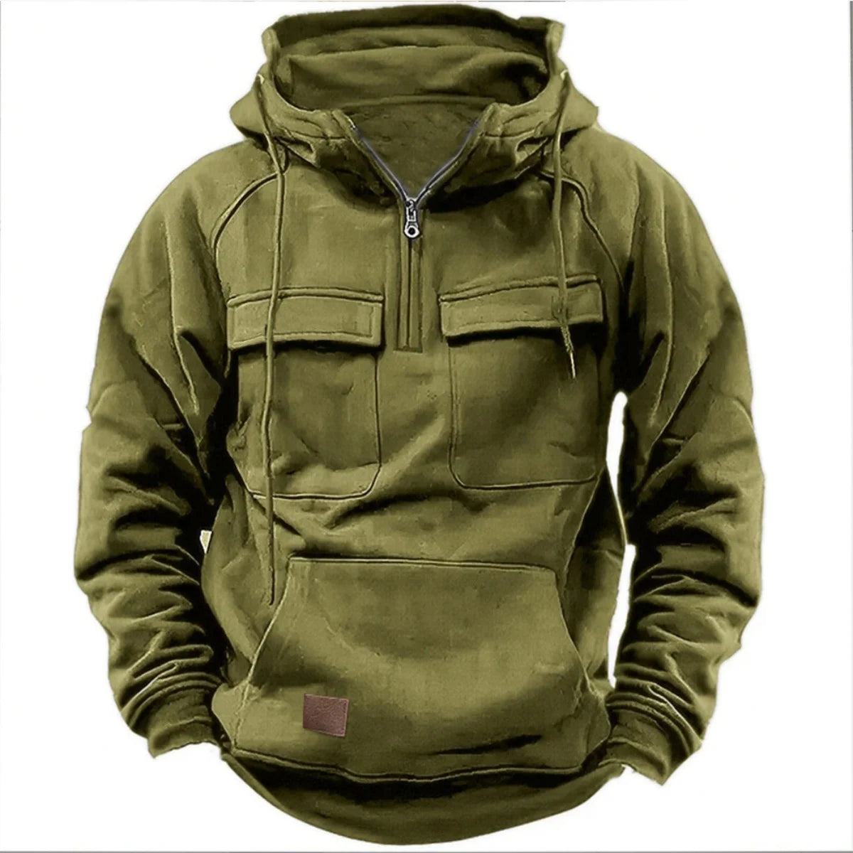 New men's hooded solid-color casual hoodie - fashionable young man's multi-pocket patch hoodie pullover shirt