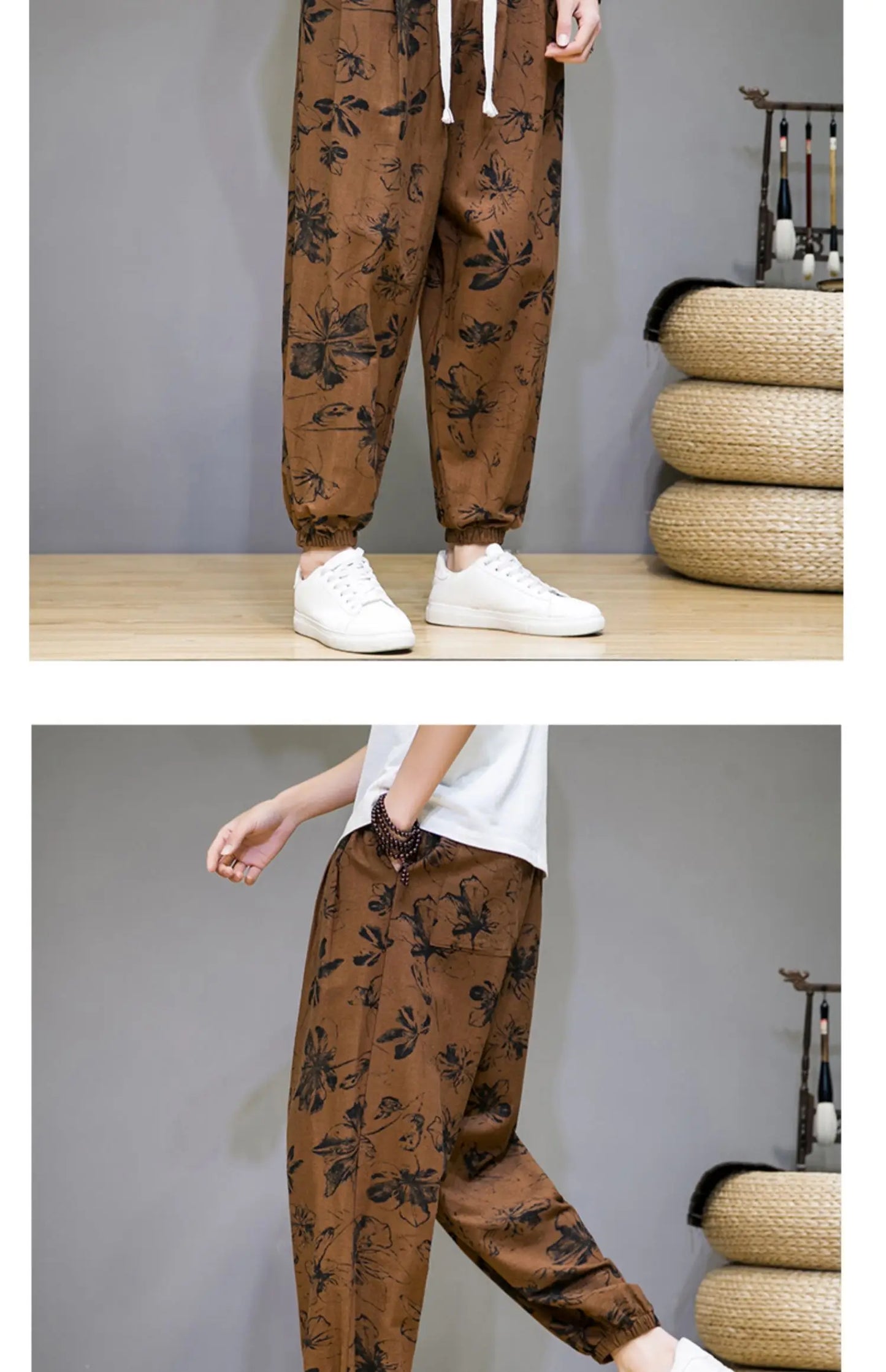 Chinese Style Pants Men Spring Summer Thin Breathable Cotton Linen Pants Men Harem Pants Printed Casual Pants Loose Pants