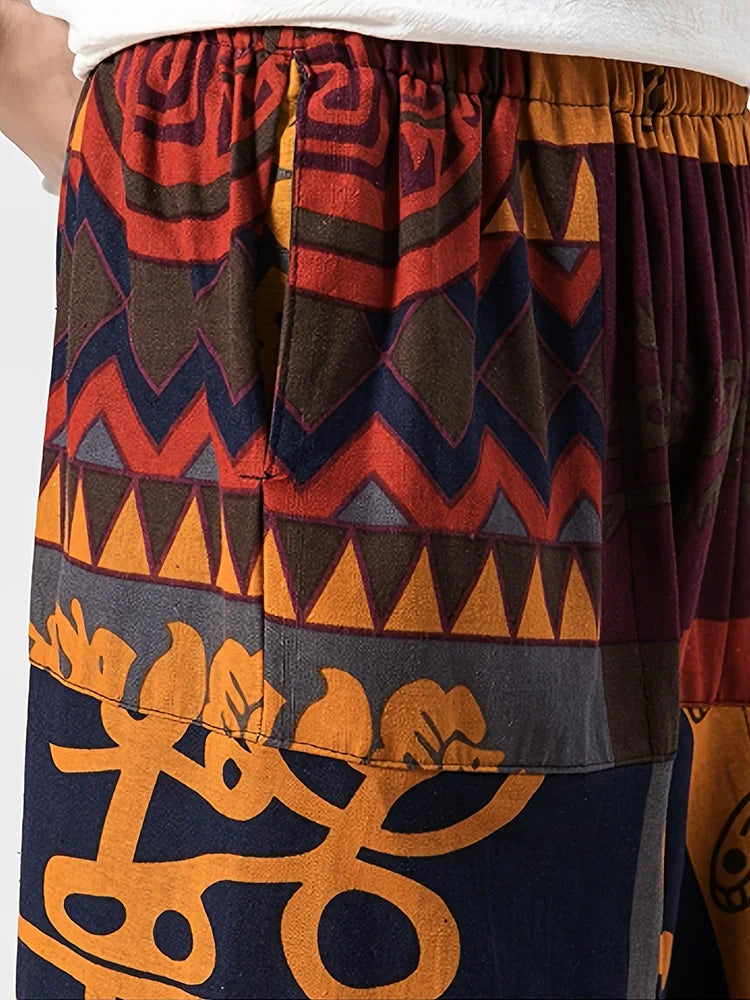 Men's Stylish Vintage Harem Pants Drop Crotch Design Casual Trousers Breathable Loose Fit Boho Pants Random Print Joggers