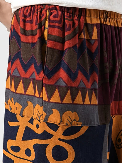 Men's Stylish Vintage Harem Pants Drop Crotch Design Casual Trousers Breathable Loose Fit Boho Pants Random Print Joggers