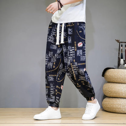 Chinese Style Pants Men Spring Summer Thin Breathable Cotton Linen Pants Men Harem Pants Printed Casual Pants Loose Pants