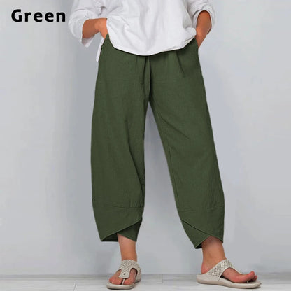 Women's Harem Pants Vintage Cotton Linen Elastic Waist Wide Leg Trousers Female Casual Solid Pockets Loose Cropped Pants