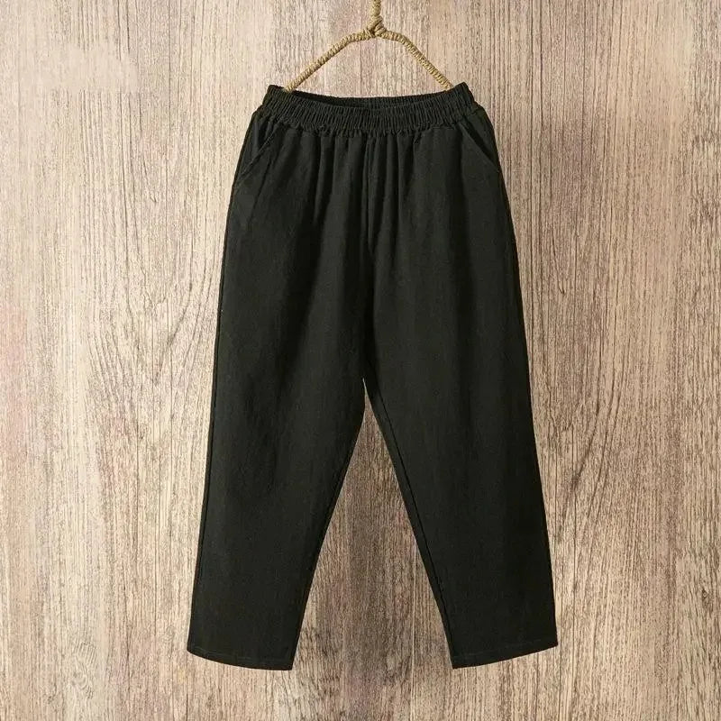 Women Casual Loose Harem Elastic Waist Cotton Linen Pants Ninth Trousers