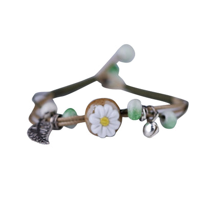 Handmade Boho Gypsy Hippie Design Brown Leather Star G Clef Note Metal Charms Wood Button Beads Wrap Unisex Adjustable Bracelet