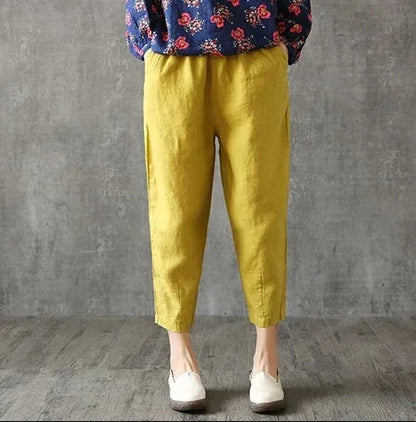 Women Casual Loose Harem Elastic Waist Cotton Linen Pants Ninth Trousers