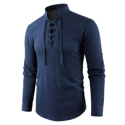 Men's Vintage V-neck T-shirt Cotton Linen Pirate Medieval Viking Gothic Tops Shirts Long Sleeved Cospaly Halloween Party Top