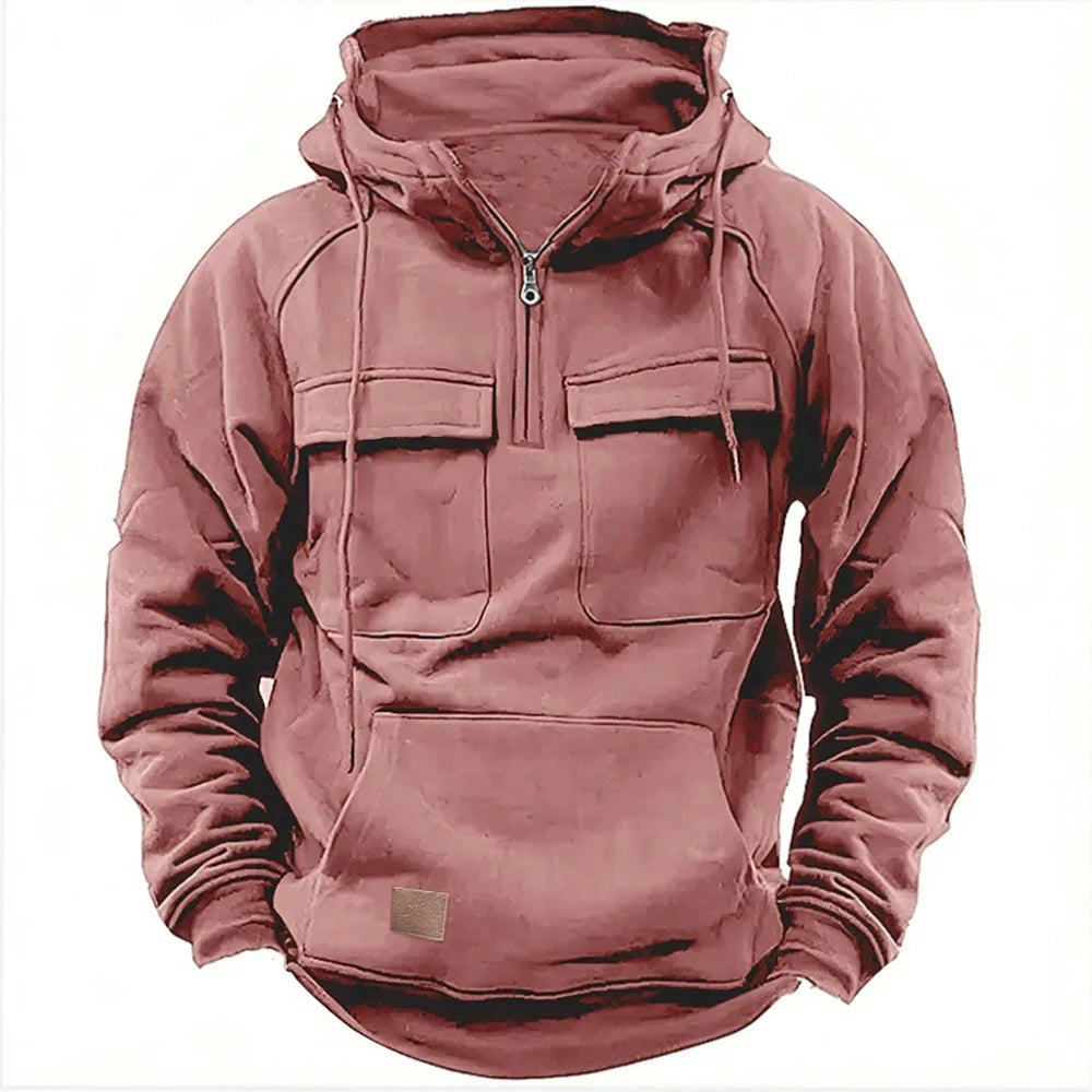 New men's hooded solid-color casual hoodie - fashionable young man's multi-pocket patch hoodie pullover shirt