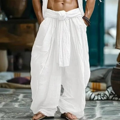 Folk Tie-up Streetwear Men's Pants Vintage Simple Casual Pure Cotton Linen Elastic Waist Loose Casual Pants Vintage Outfit Bohemian Style