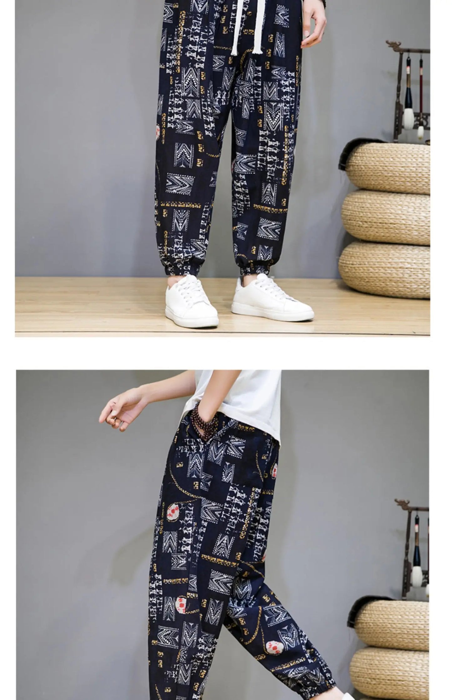 Chinese Style Pants Men Spring Summer Thin Breathable Cotton Linen Pants Men Harem Pants Printed Casual Pants Loose Pants