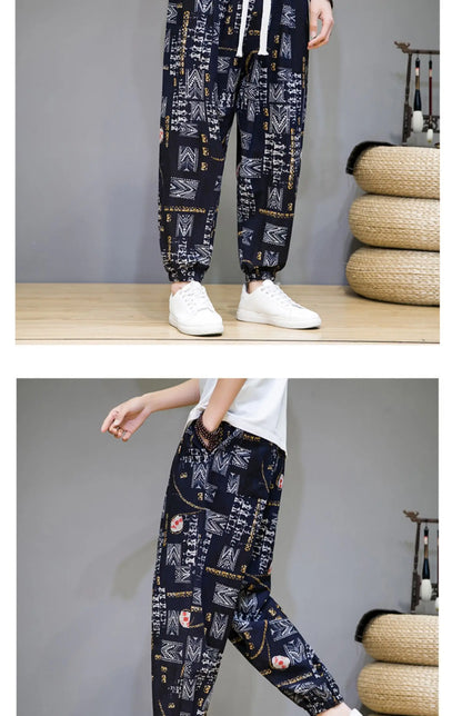 Chinese Style Pants Men Spring Summer Thin Breathable Cotton Linen Pants Men Harem Pants Printed Casual Pants Loose Pants