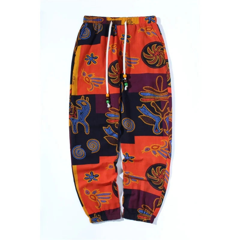 Men's Boho Tribal Print Stretch Linen Pnats Cotton Blend Drawstring LightWeight Trousers with Pockets Summer Jogger Pants