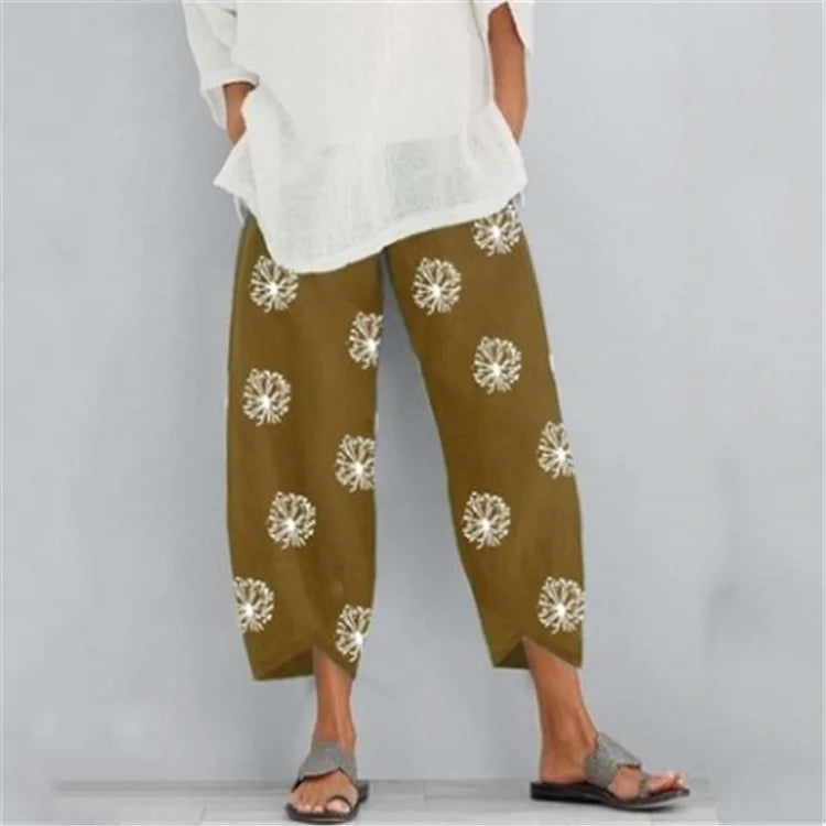 Women's Harem Pants Vintage Cotton Linen Elastic Waist Wide Leg Trousers Female Casual Solid Pockets Loose Cropped Pants