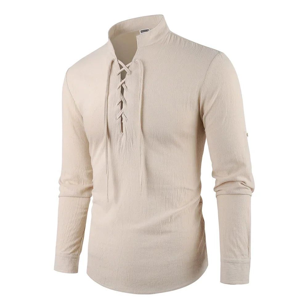 Men's Vintage V-neck T-shirt Cotton Linen Pirate Medieval Viking Gothic Tops Shirts Long Sleeved Cospaly Halloween Party Top