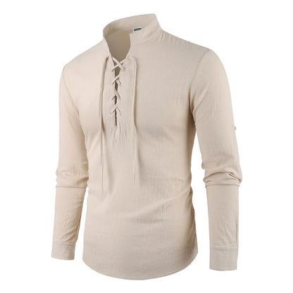 Men's Vintage V-neck T-shirt Cotton Linen Pirate Medieval Viking Gothic Tops Shirts Long Sleeved Cospaly Halloween Party Top