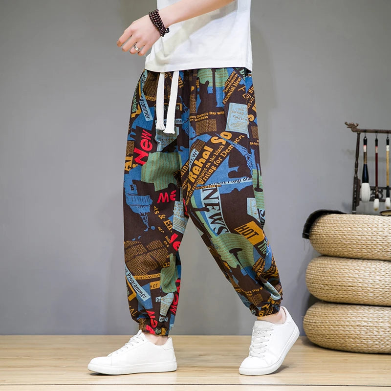 Chinese Style Pants Men Spring Summer Thin Breathable Cotton Linen Pants Men Harem Pants Printed Casual Pants Loose Pants