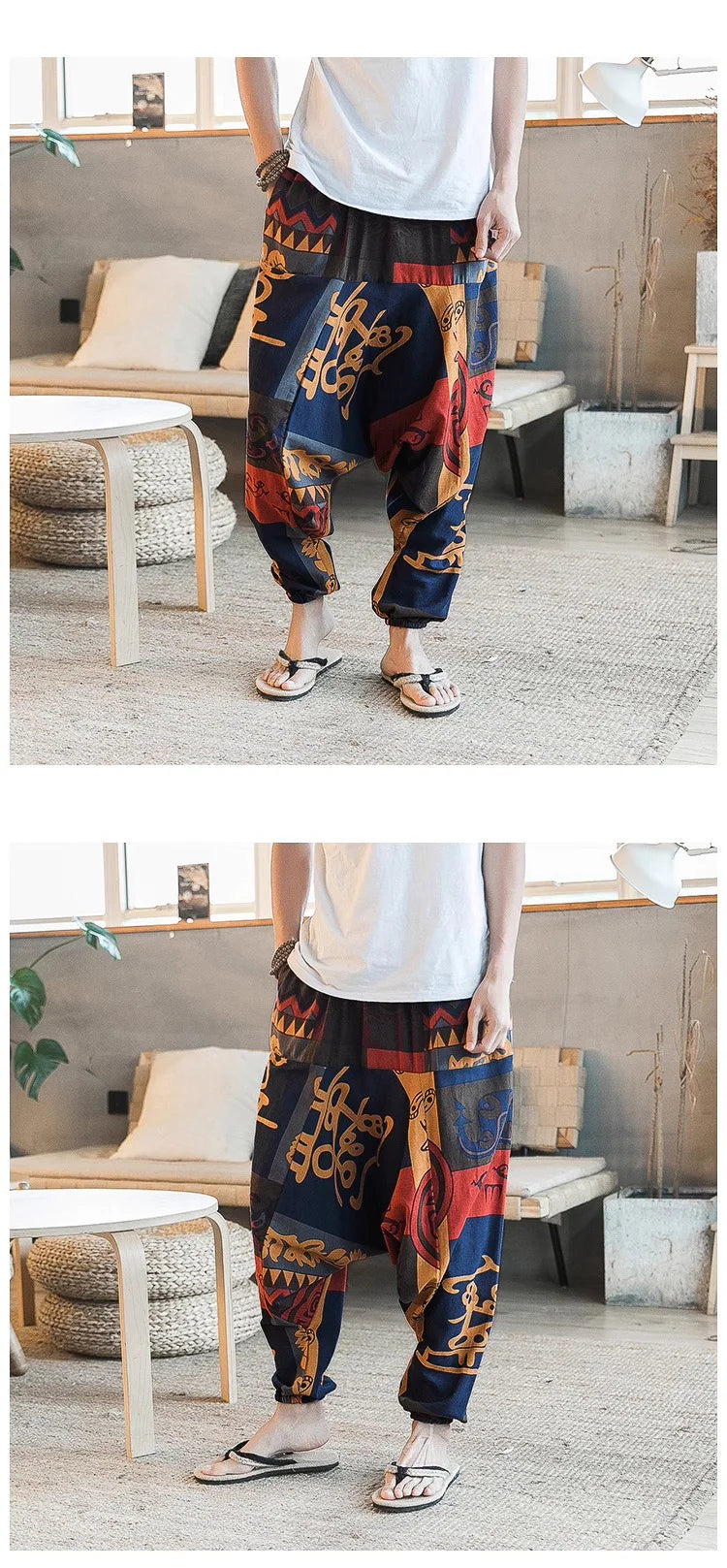 Men's Stylish Vintage Harem Pants Drop Crotch Design Casual Trousers Breathable Loose Fit Boho Pants Random Print Joggers