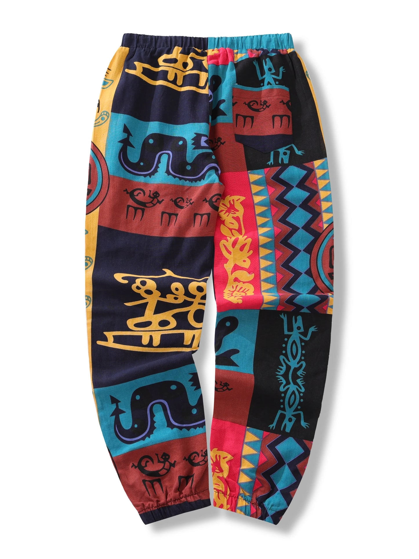 Men's Boho Tribal Print Stretch Linen Pnats Cotton Blend Drawstring LightWeight Trousers with Pockets Summer Jogger Pants