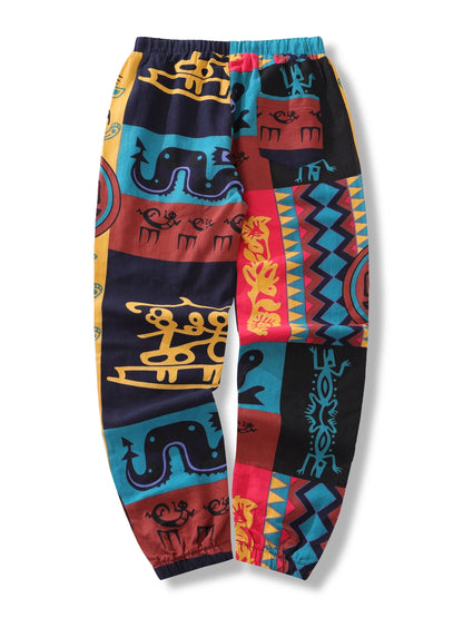 Men's Boho Tribal Print Stretch Linen Pnats Cotton Blend Drawstring LightWeight Trousers with Pockets Summer Jogger Pants