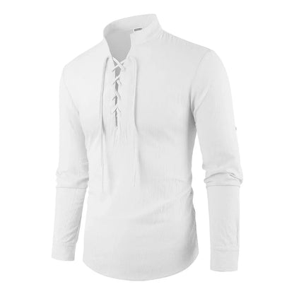 Men's Vintage V-neck T-shirt Cotton Linen Pirate Medieval Viking Gothic Tops Shirts Long Sleeved Cospaly Halloween Party Top