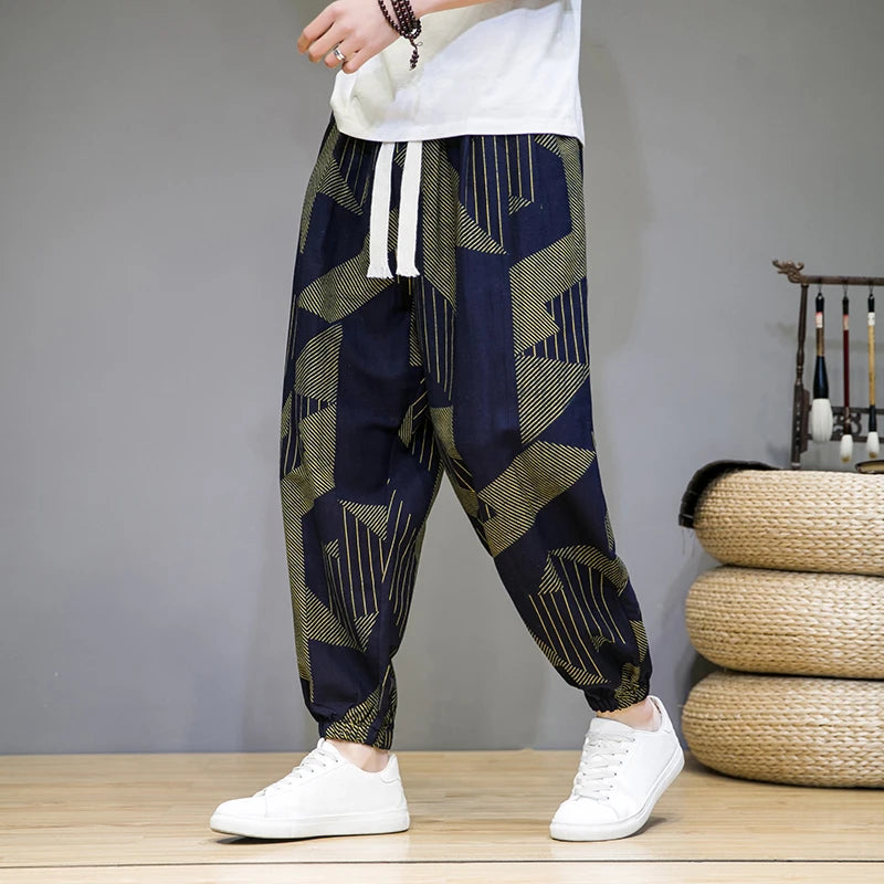 Chinese Style Pants Men Spring Summer Thin Breathable Cotton Linen Pants Men Harem Pants Printed Casual Pants Loose Pants