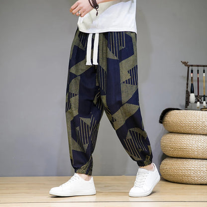 Chinese Style Pants Men Spring Summer Thin Breathable Cotton Linen Pants Men Harem Pants Printed Casual Pants Loose Pants
