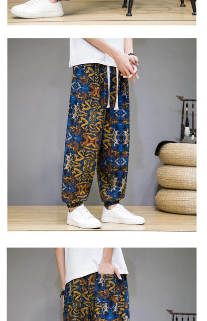 Chinese Style Pants Men Spring Summer Thin Breathable Cotton Linen Pants Men Harem Pants Printed Casual Pants Loose Pants