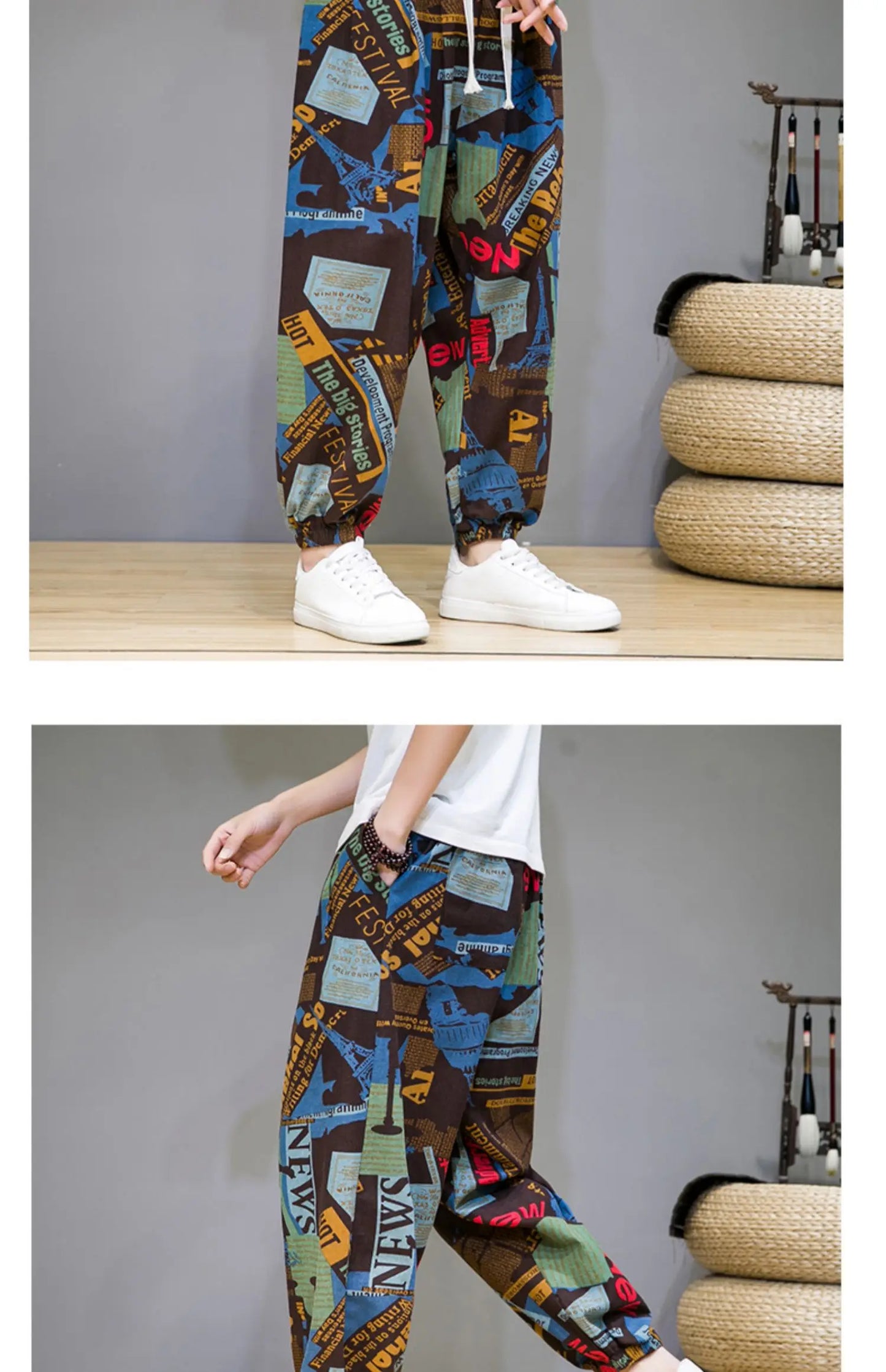 Chinese Style Pants Men Spring Summer Thin Breathable Cotton Linen Pants Men Harem Pants Printed Casual Pants Loose Pants