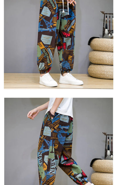 Chinese Style Pants Men Spring Summer Thin Breathable Cotton Linen Pants Men Harem Pants Printed Casual Pants Loose Pants